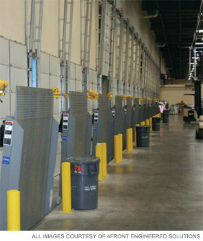 Vertical levelers store upright to protect doorways from forklift collisions and attach to the floor, eliminating the need to cut an energy-wasting pit into the dock.