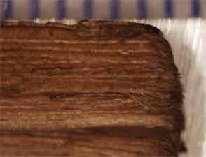 This recovered section of a wood material was known to have come from a material-handling palette and was used as a visual comparison to help identify key features of the nonmetallic matter found in the commercial deli salad product effort.